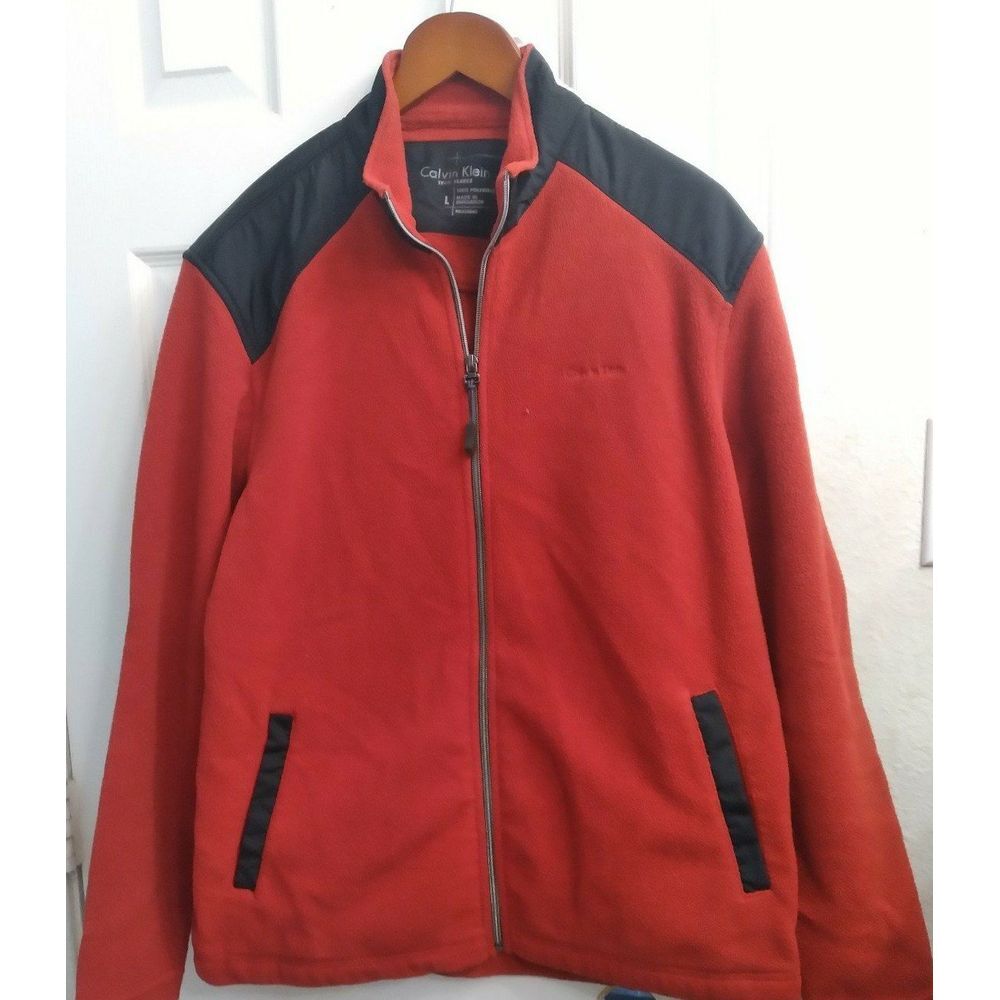 Calvin Klein Red & Black Fleece Full-Zip Jacket Colorblock Athletic Outerwear